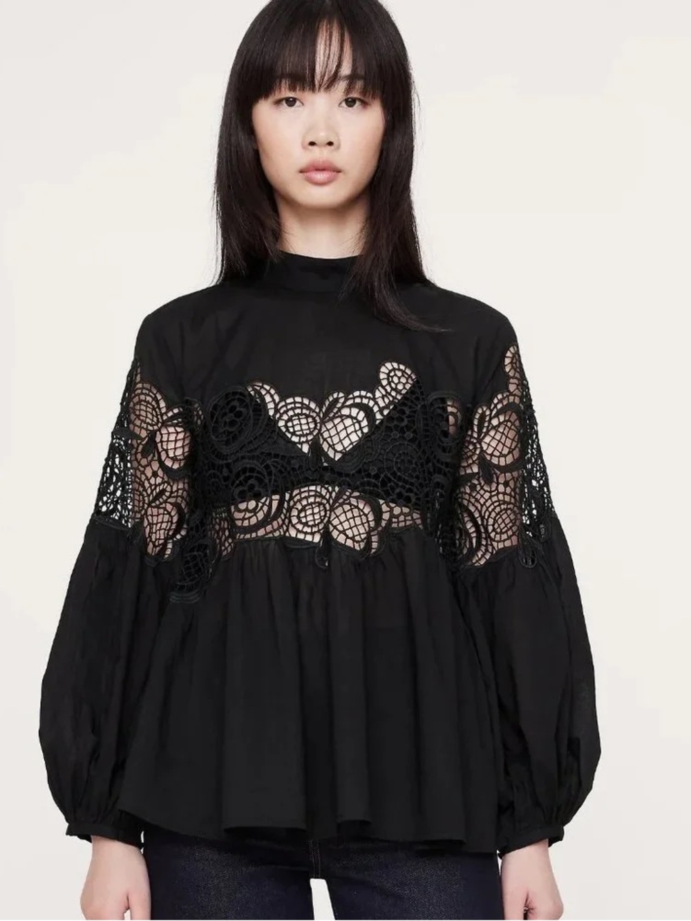 Cotton & Lace Mock-Neck Top
